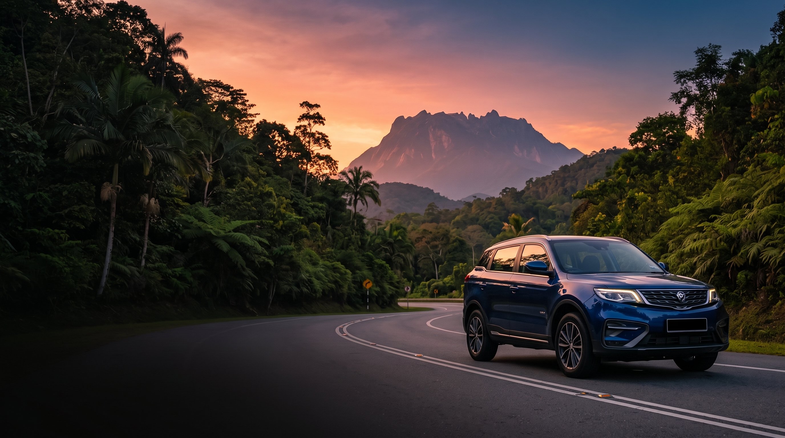 A car on a Sabah road near Mount Kinabalu